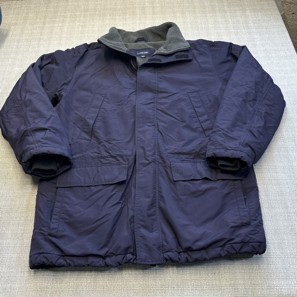 Lands End Mens Parka Jacket Medium Quilted Navy Blue Insulated Outdoor Gorpcore‎